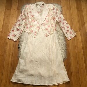 Vintage Linen Blend Shimmer Pastel Floral Gauze Cream Pink Jacket Dress Set M